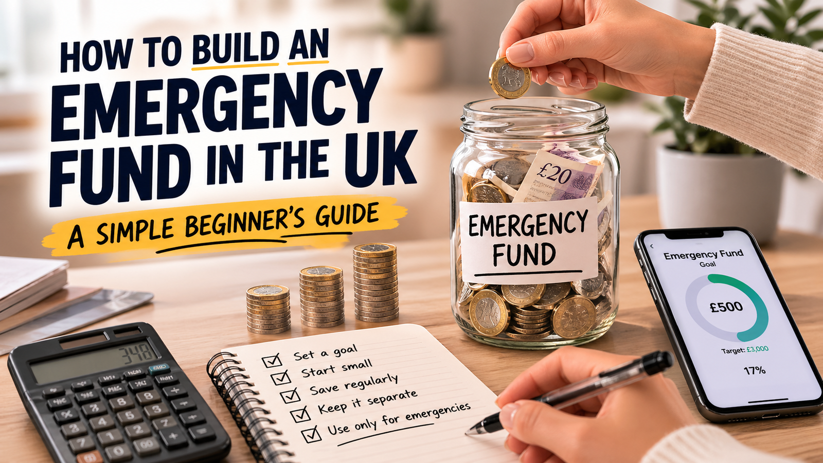 Clean savings image showing emergency fund planning, money jar, notebook and calculator